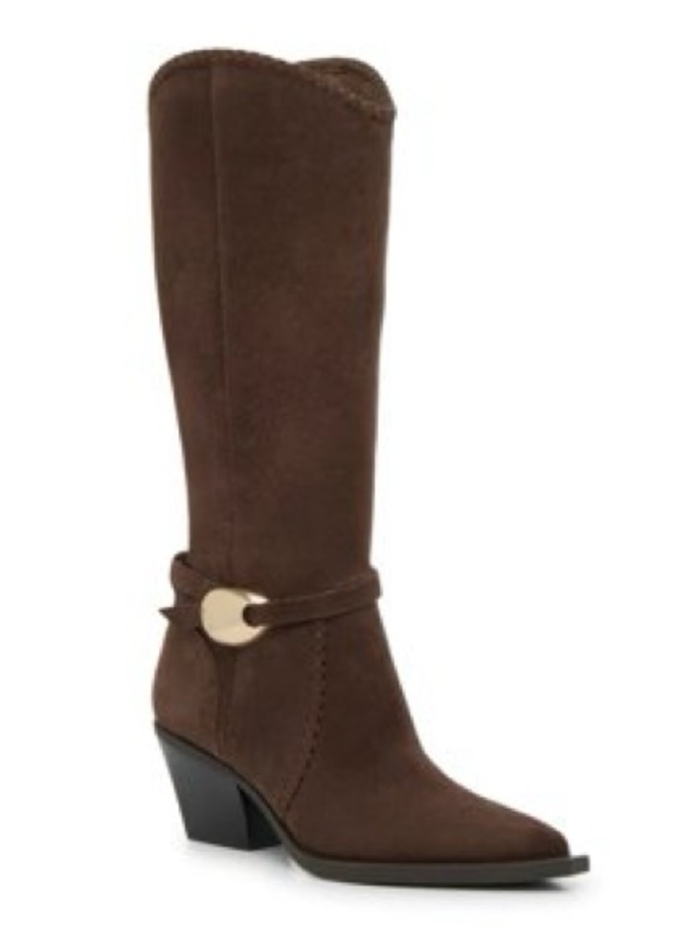 Dolce Vita 7.5 Dark Brown Suede Raylin Western Boot 2.5” Block Heel Gold Accent